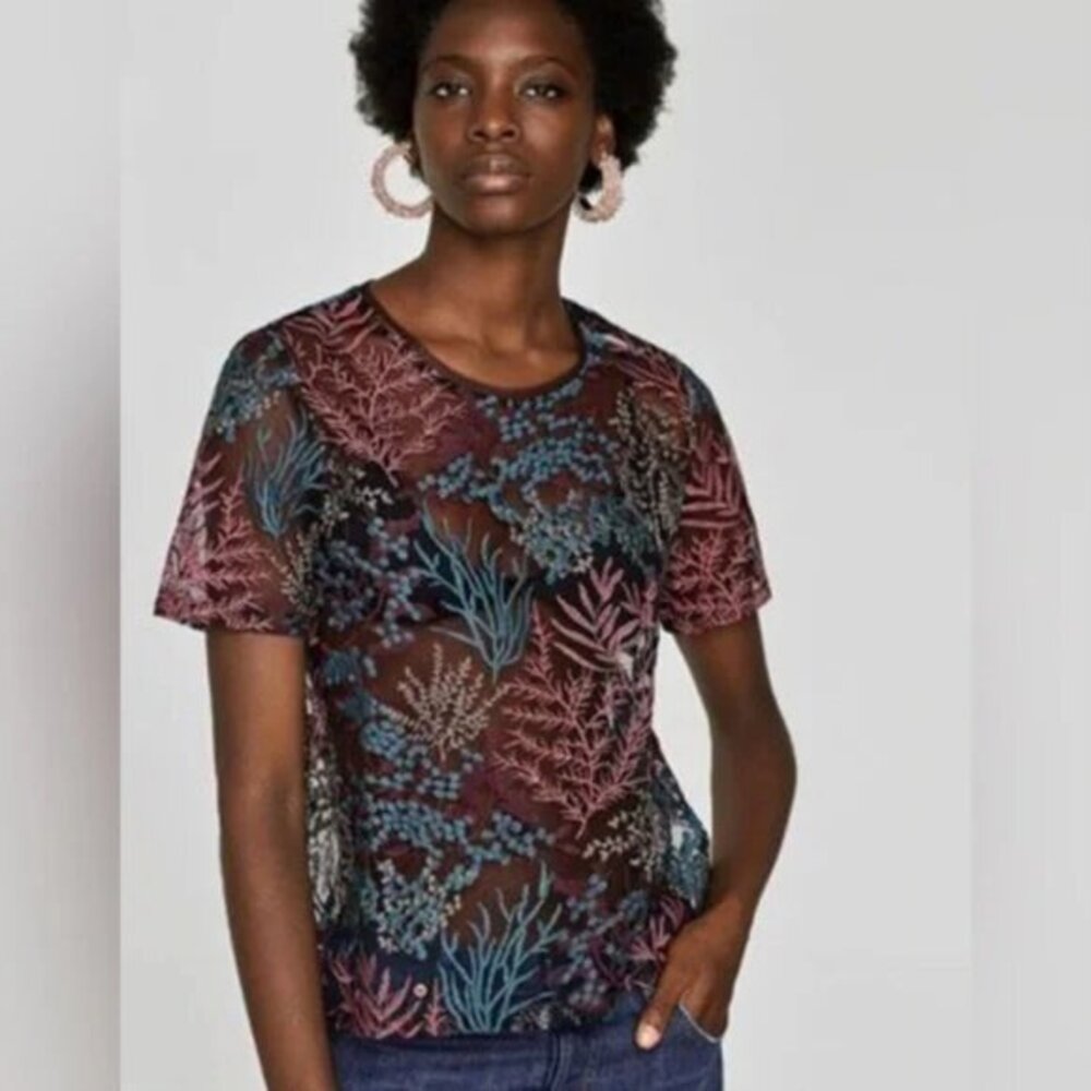Zara Sheer Short Sleeve Tee with Multicolor Coral Print